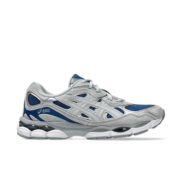 ASICS GEL-NYC Twilight Blue Gravel sneaker, side view with blue mesh, light gray overlays, and a gray and white sole.