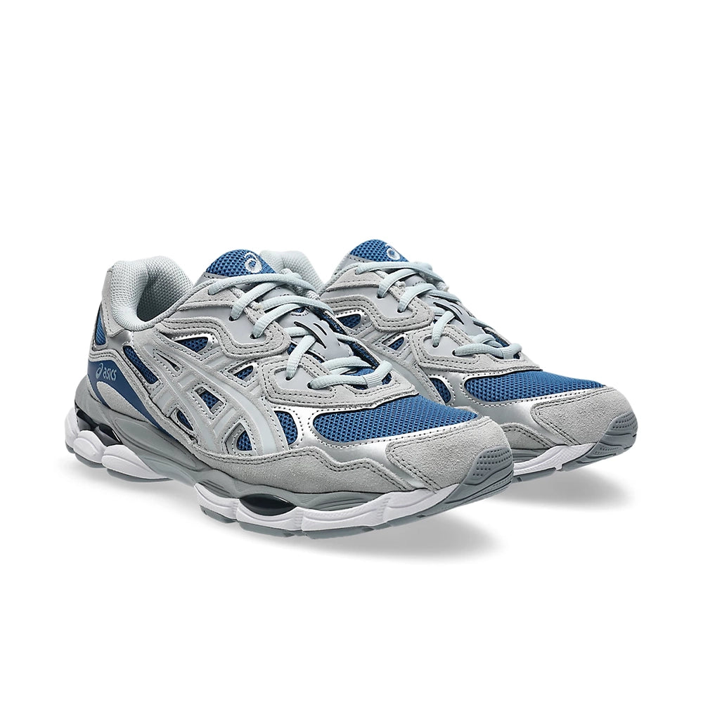 Pair of ASICS GEL-NYC Twilight Blue Gravel sneakers, front three-quarter view showing blue mesh toe boxes and light gray laces.