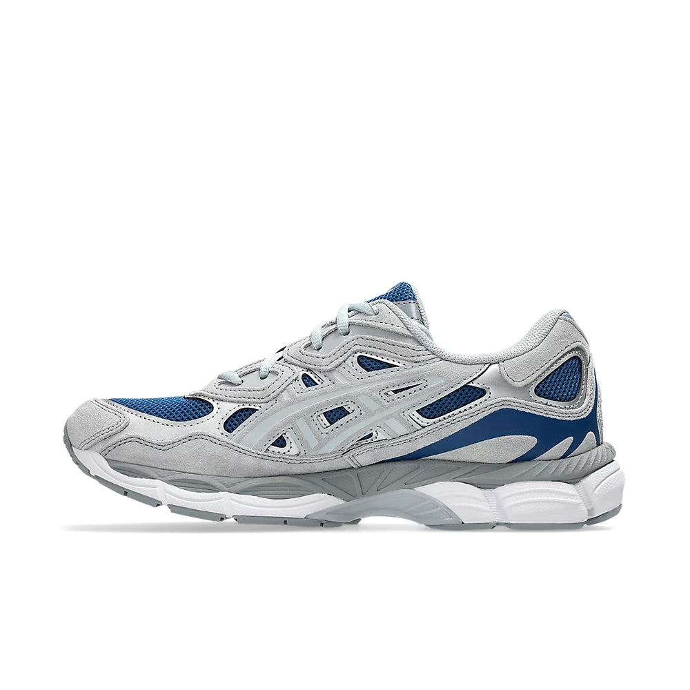 ASICS GEL-NYC Twilight Blue Gravel sneaker, medial side view with blue mesh, light gray overlays, and a sculpted gray and white sole.