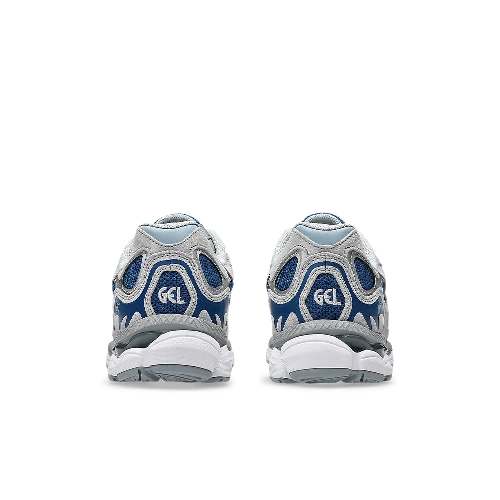 Rear view of ASICS GEL-NYC Twilight Blue Gravel sneakers with GEL branding on the blue mesh heels.