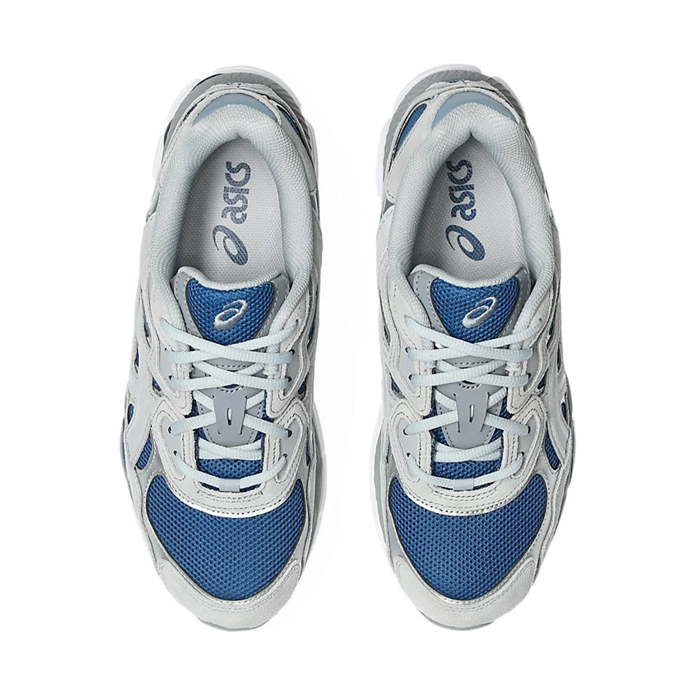 Top view of ASICS GEL-NYC Twilight Blue Gravel sneakers showing light gray laces, blue mesh, and ASICS-branded insoles.