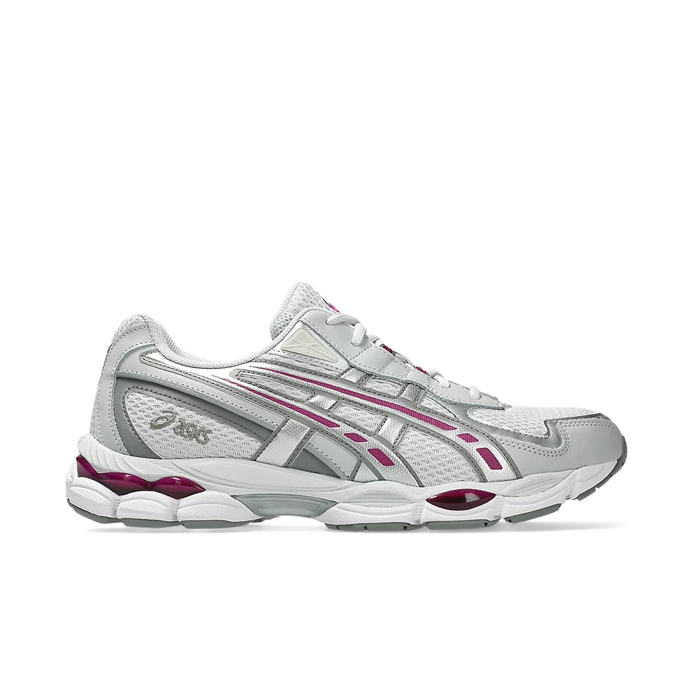 ASICS GEL-NYC 2055 Glacier Grey Lavender Field sneaker, side view showing silver overlays and purple accents.