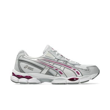 ASICS GEL-NYC 2055 Glacier Grey Lavender Field sneaker, side view showing silver overlays and purple accents.