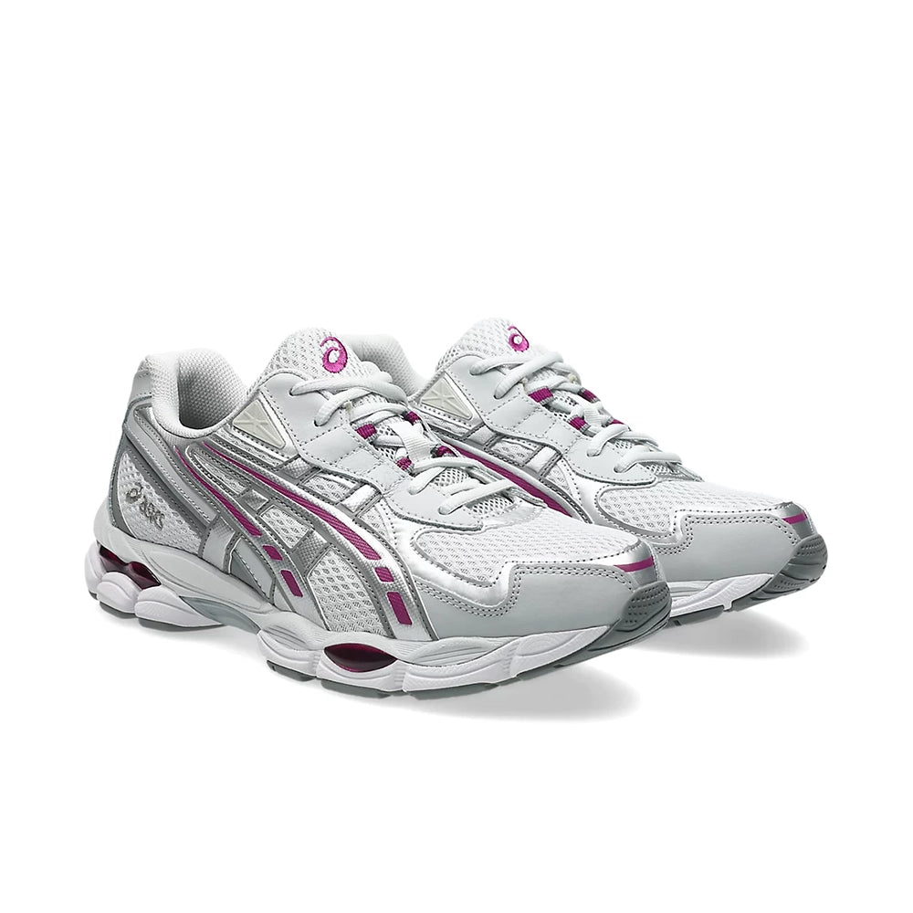 Pair of ASICS GEL-NYC 2055 Glacier Grey Lavender Field sneakers, front three-quarter view with grey mesh and white laces.