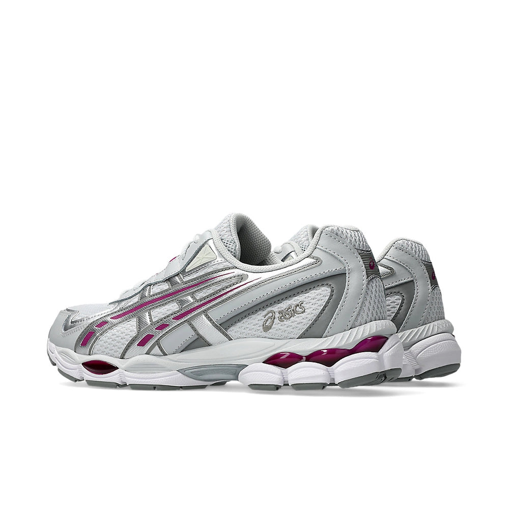 ASICS GEL-NYC 2055 Glacier Grey Lavender Field sneakers, rear three-quarter view showing purple GEL cushioning.