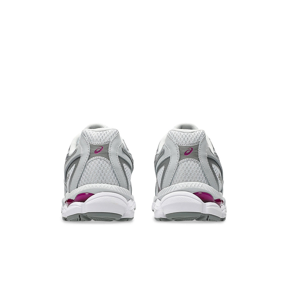 Rear view of ASICS GEL-NYC 2055 Glacier Grey Lavender Field sneakers with grey heel panels and purple logos.