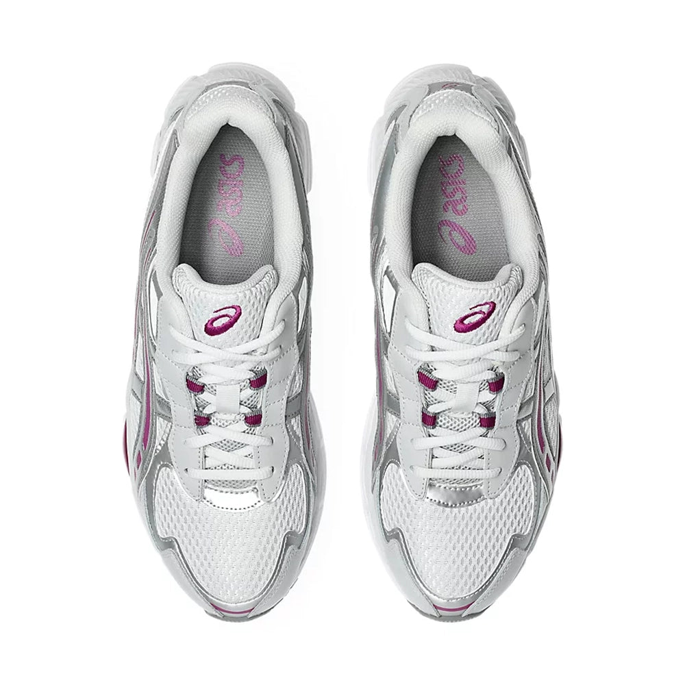 Top view of ASICS GEL-NYC 2055 Glacier Grey Lavender Field sneakers showing mesh toe boxes and purple tongue logos.