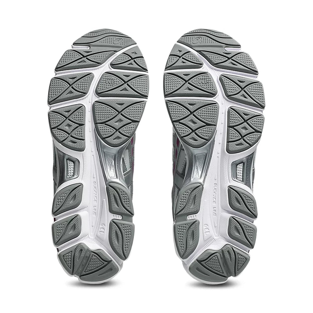 Outsoles of ASICS GEL-NYC 2055 Glacier Grey Lavender Field sneakers showing segmented grey tread and white channels.