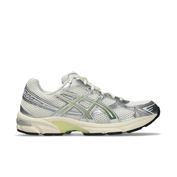 ASICS GEL-1130 Cream Cedar Green side view with cream mesh, silver overlays and green stripes.