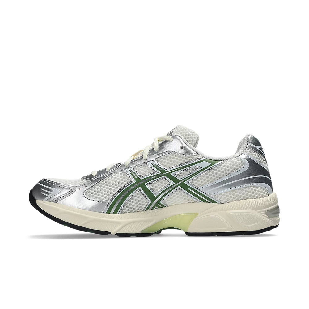 ASICS GEL-1130 Cream Cedar Green inner side view with green stripes and a cream midsole.
