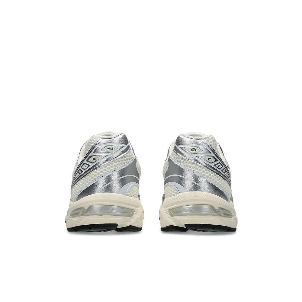 ASICS GEL-1130 Cream Cedar Green rear view with silver heel panels and visible GEL cushioning.