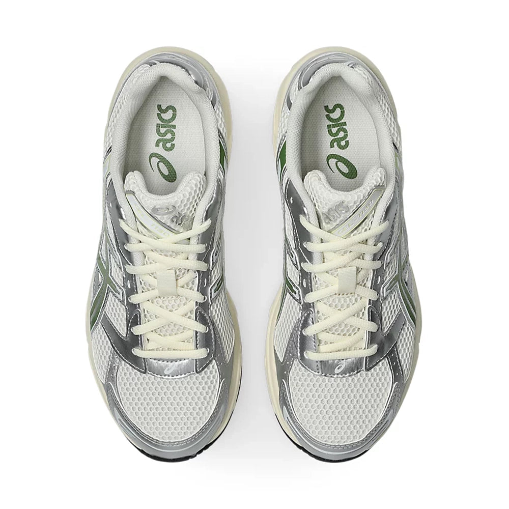 ASICS GEL-1130 Cream Cedar Green top view showing cream laces, mesh toe boxes and green ASICS insole logos.