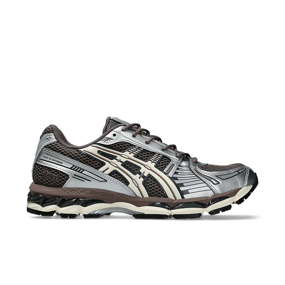 ASICS GEL-KAYANO 12.1 in dark brown, silver and cream, outer side view showing GEL cushioning.