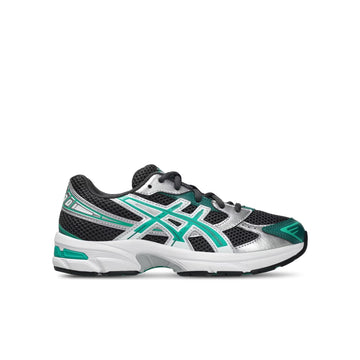 ASICS GEL-1130 GS Graphite Grey Edamame Green, outer side view with dark mesh, silver overlays and green stripes.