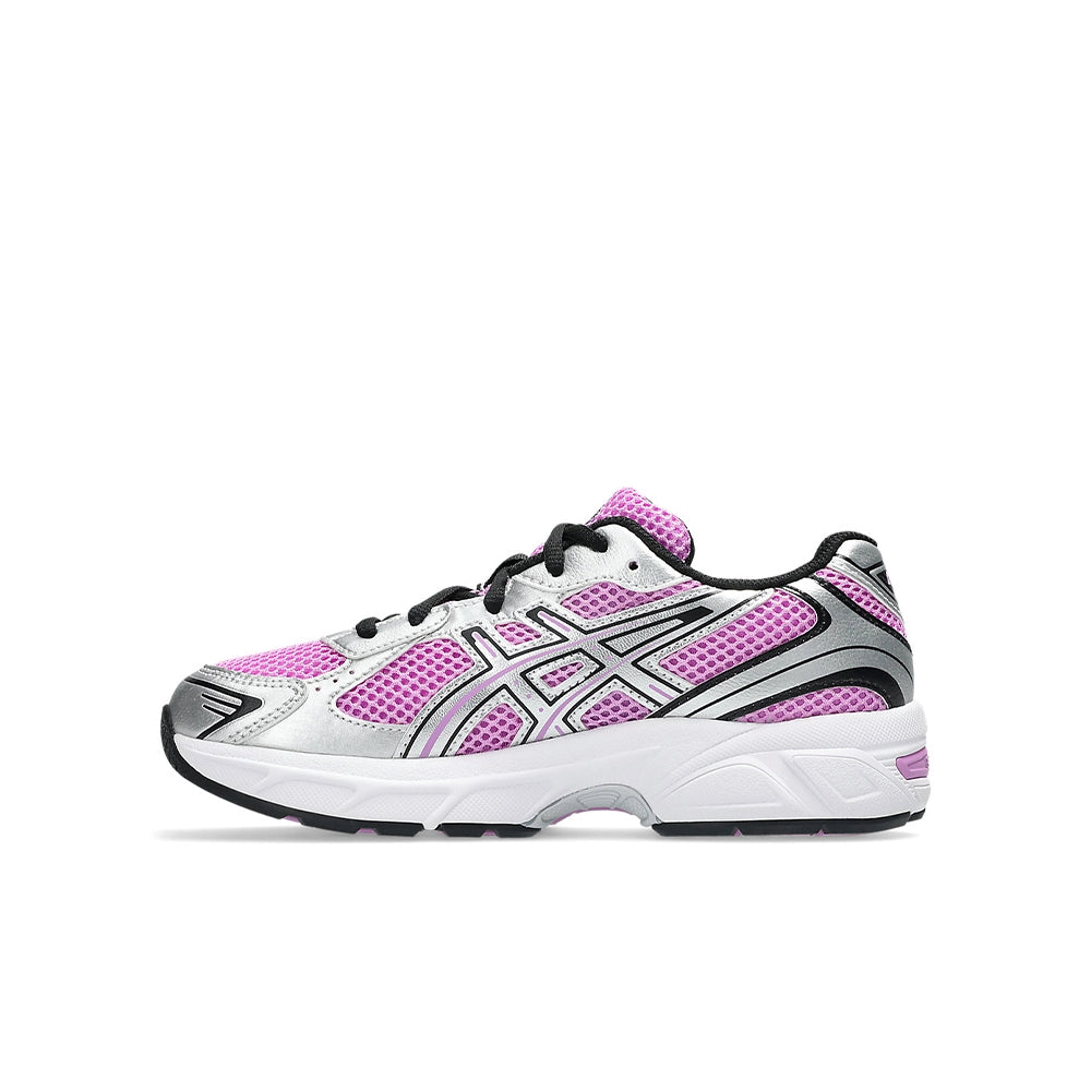 ASICS Gel-1130 GS kids sneaker, opposite side view showing the pink mesh upper and silver panels.