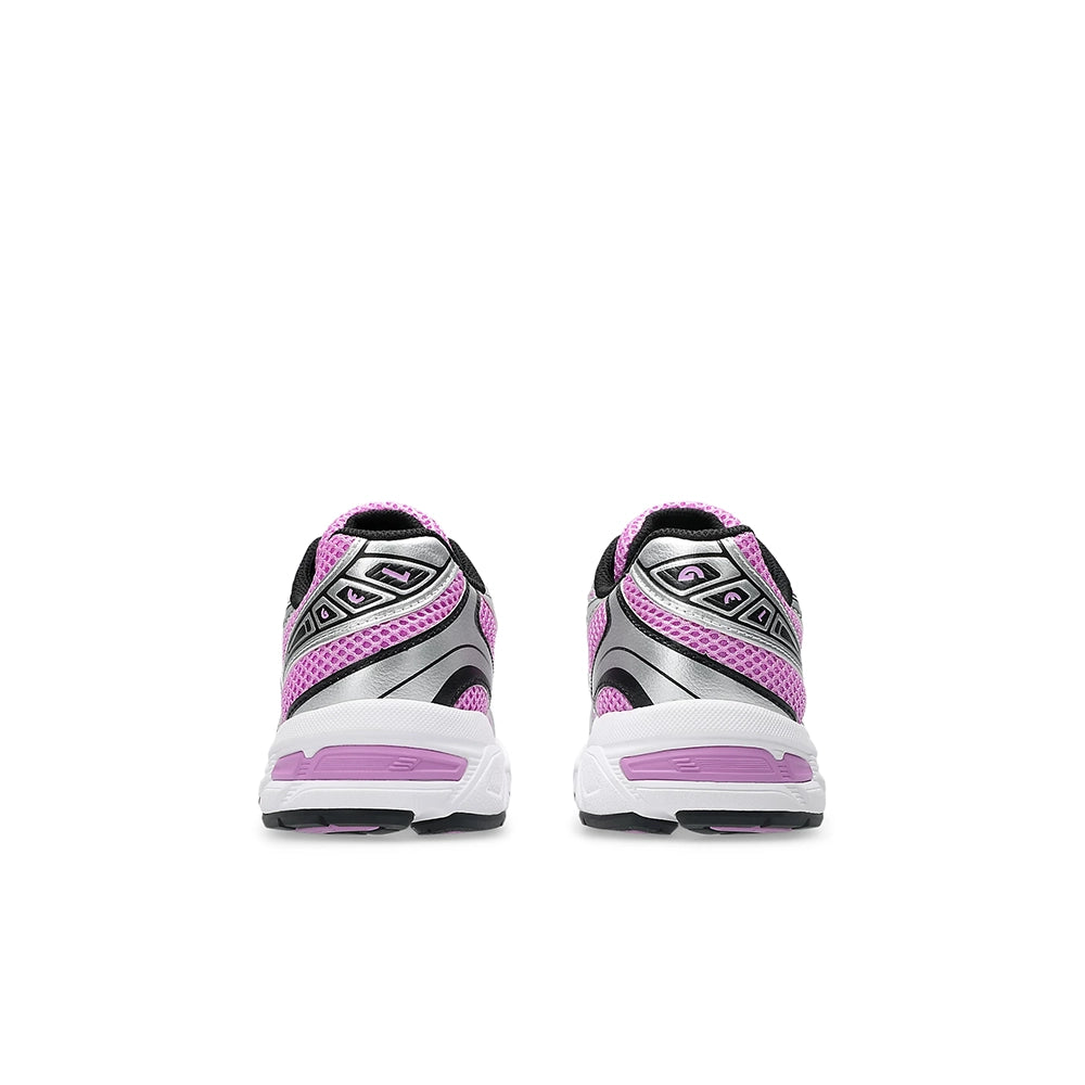 Heel view of ASICS Gel-1130 GS kids sneakers with silver heel panels and pink midsole accents.