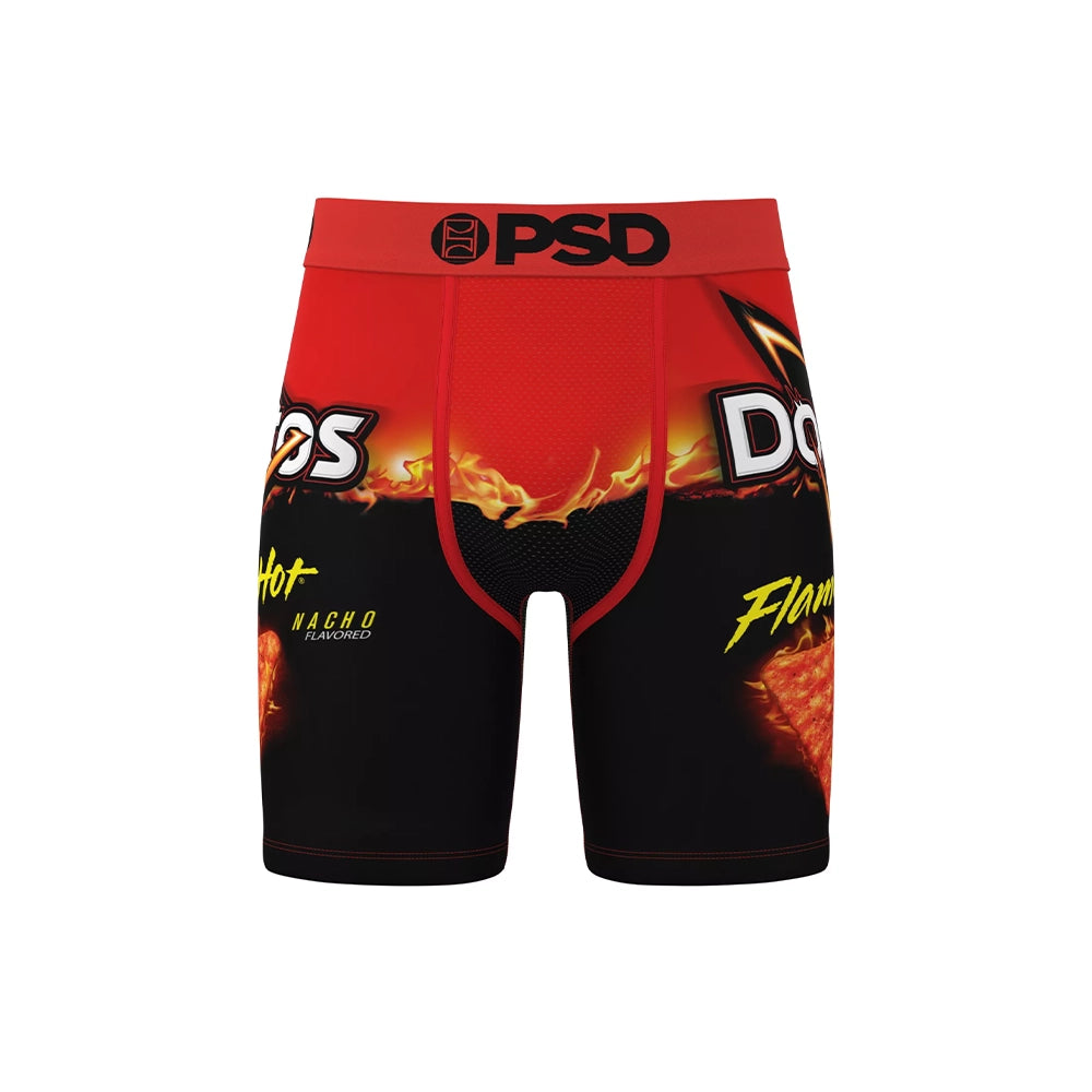 Front view of PSD Doritos Flamin' Hot Nacho boxer briefs in red and black with flame graphics and a logo waistband.