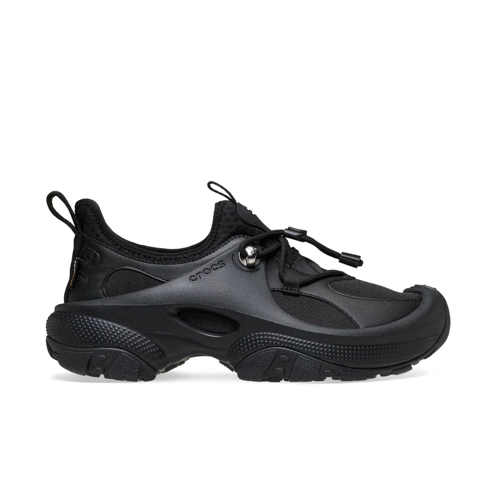Side view of the black Crocs Trailbreak 2 Tech SE Cordura shoe with toggle laces and a chunky lugged sole.