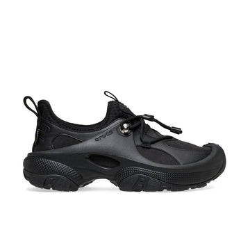 Side view of the black Crocs Trailbreak 2 Tech SE Cordura shoe with toggle laces and a chunky lugged sole.