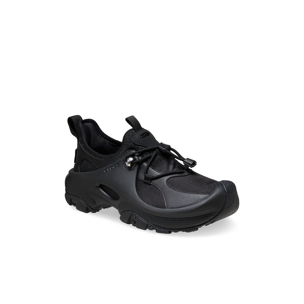 Front three-quarter view of the black Crocs Trailbreak 2 Tech SE Cordura shoe showing toggle laces and a reinforced toe.