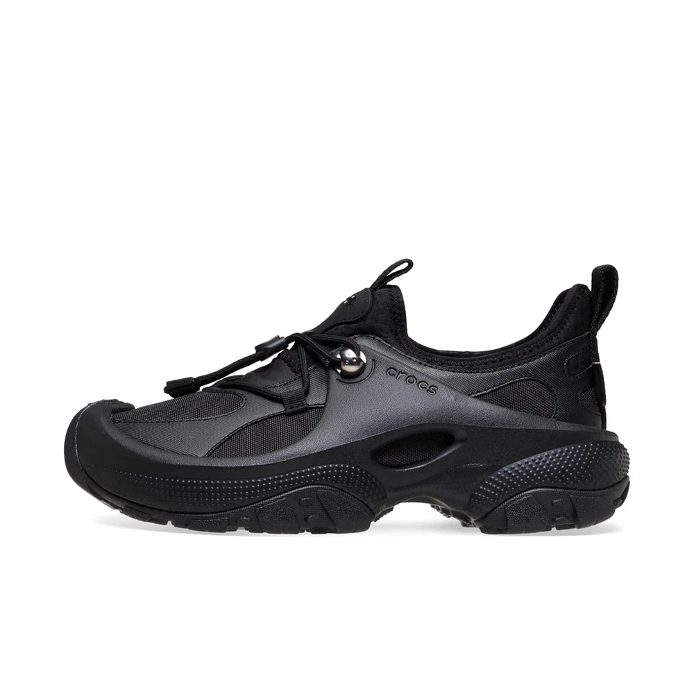 Opposite side view of the black Crocs Trailbreak 2 Tech SE Cordura shoe with Crocs branding and sculpted sole.