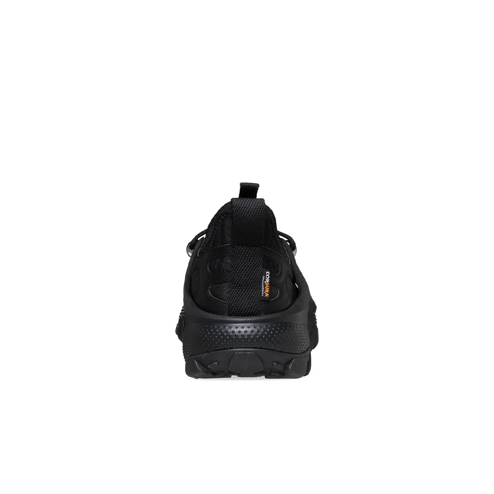Rear view of the black Crocs Trailbreak 2 Tech SE Cordura shoe showing the heel pull tab and Cordura label.