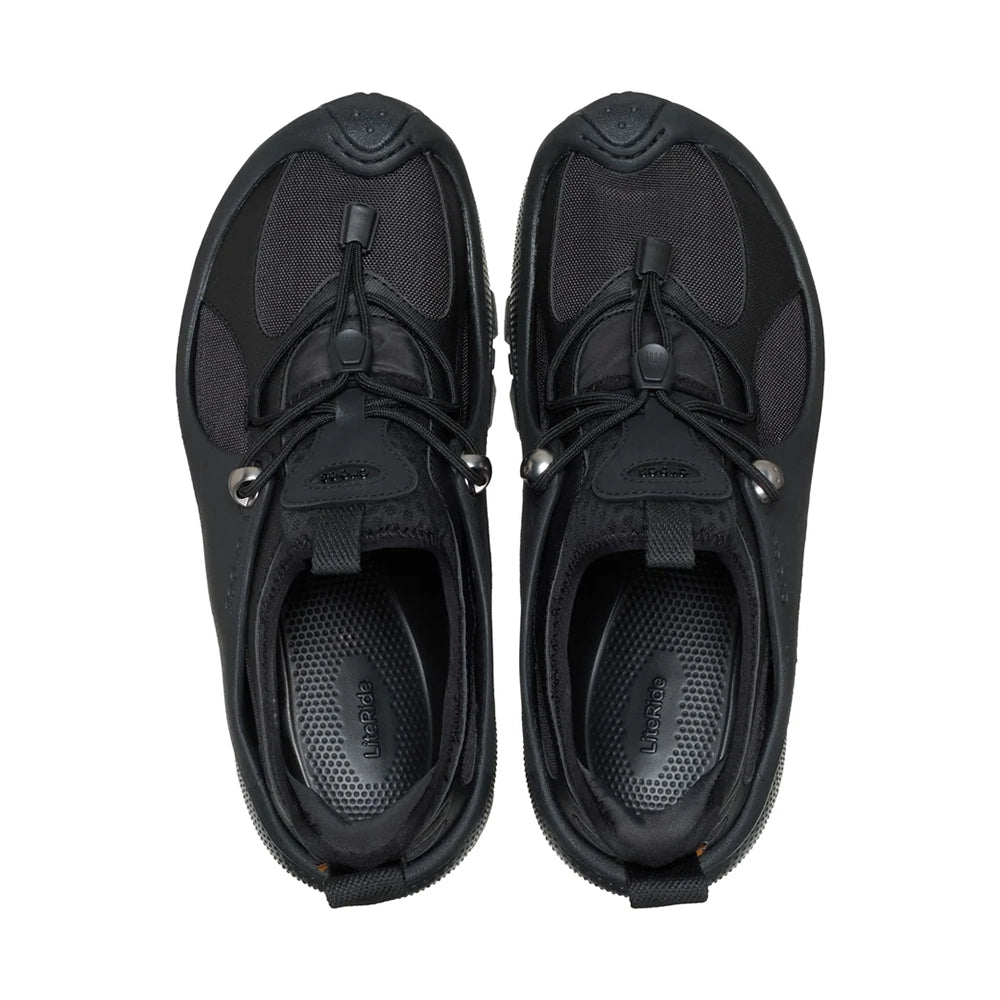 Top view of a pair of black Crocs Trailbreak 2 Tech SE Cordura shoes showing toggle laces and LiteRide insoles.