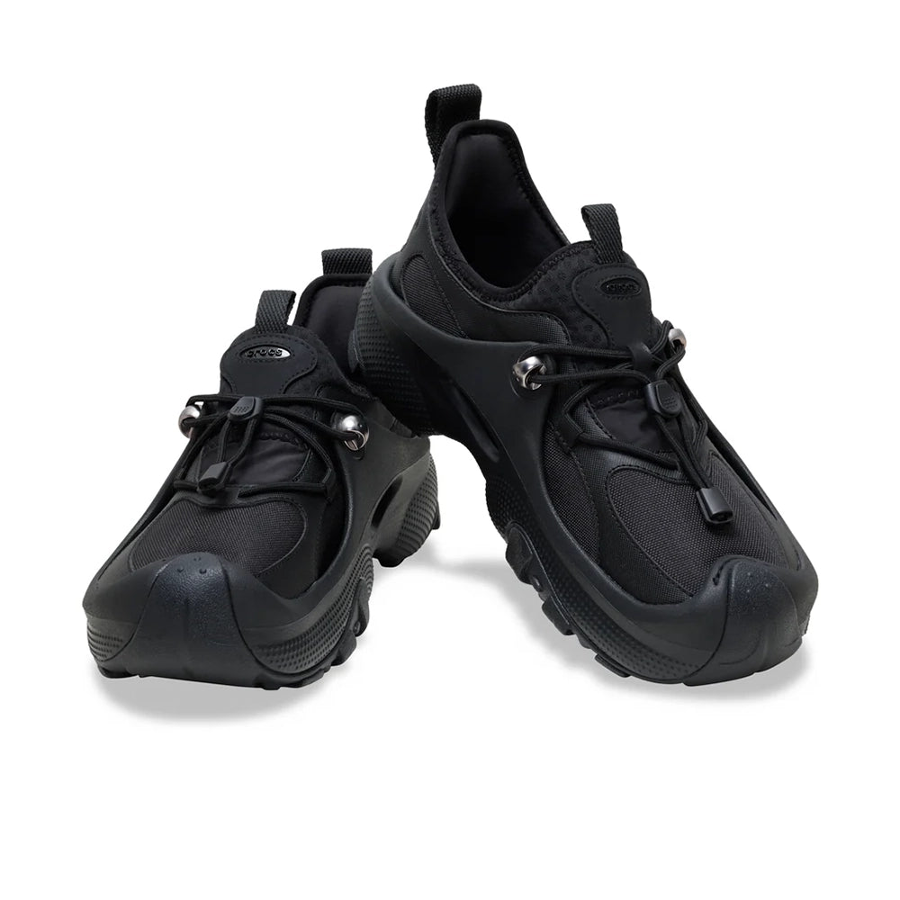 Pair of black Crocs Trailbreak 2 Tech SE Cordura shoes in an angled front view, with one shoe resting over the other.