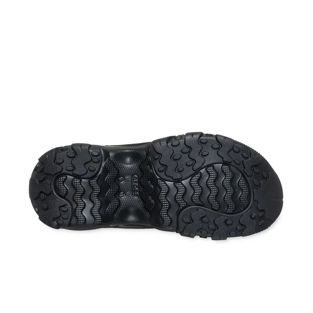 Bottom view of the black Crocs Trailbreak 2 Tech SE Cordura shoe showing the textured outsole and wavy tread pattern.