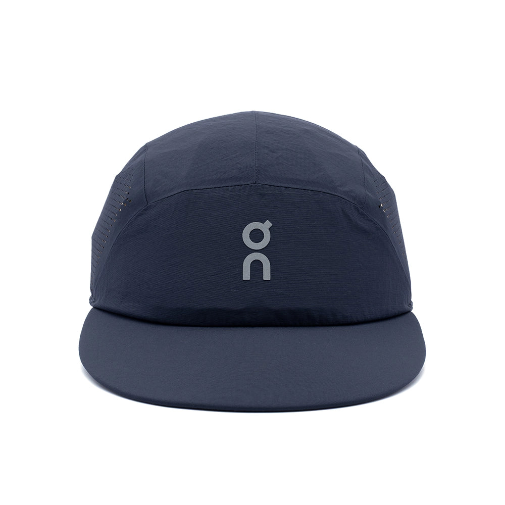 A dark navy blue On 5-panel running cap with a light gray logo on the front, shown against a plain white background.