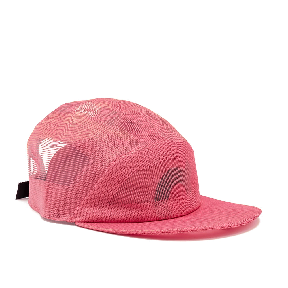 On Running Specter Cap in Camellia pink, opposite front angle showing the On logo and sheer mesh crown.