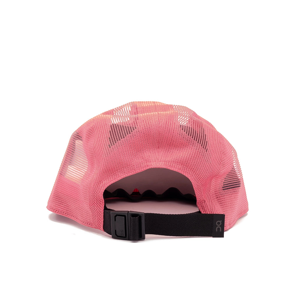 On Running Specter Cap in Camellia pink, rear view showing the opening and adjustable black buckle strap.