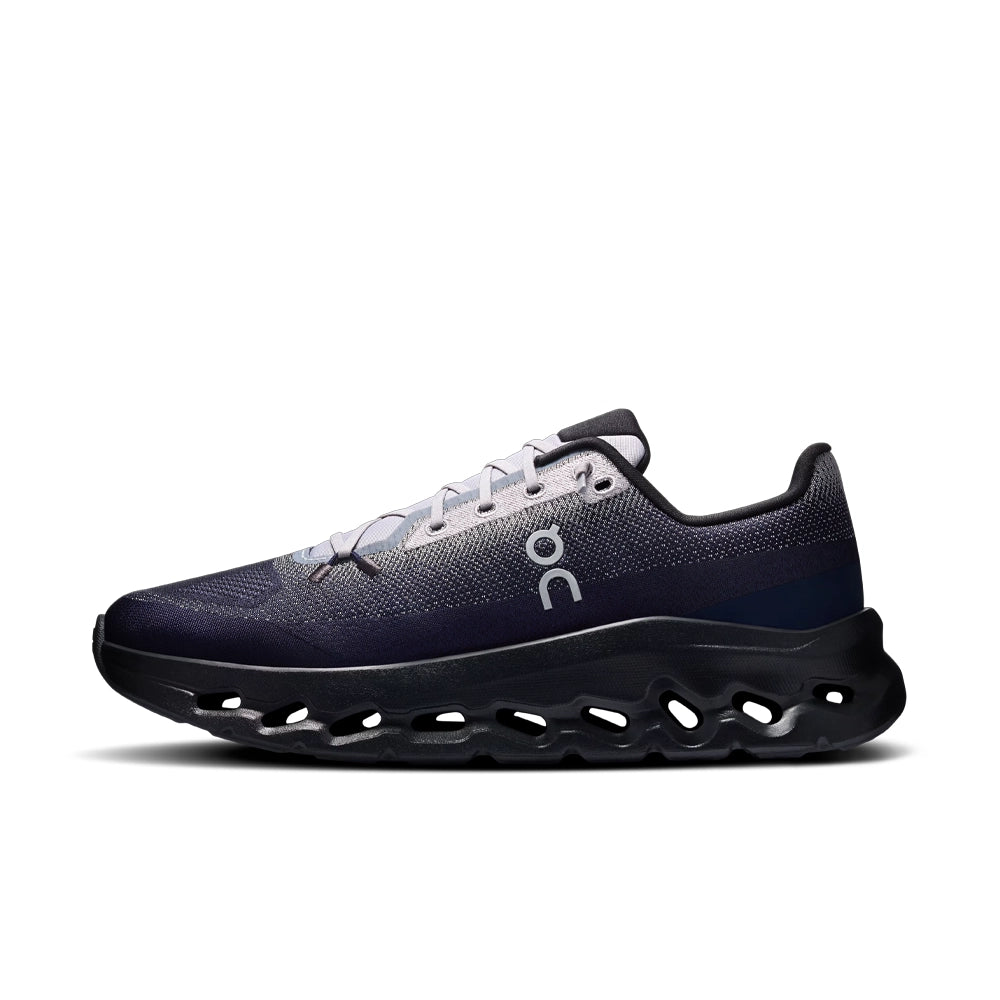 On Cloudtilt Platinum Midnight sneaker, opposite side view showing the gray On logo and black sole with open cushioning pods.
