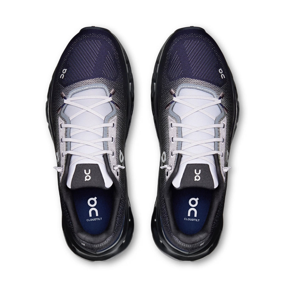Top view of On Cloudtilt Platinum Midnight sneakers showing navy mesh toe boxes, light gray laces, and branded insoles.
