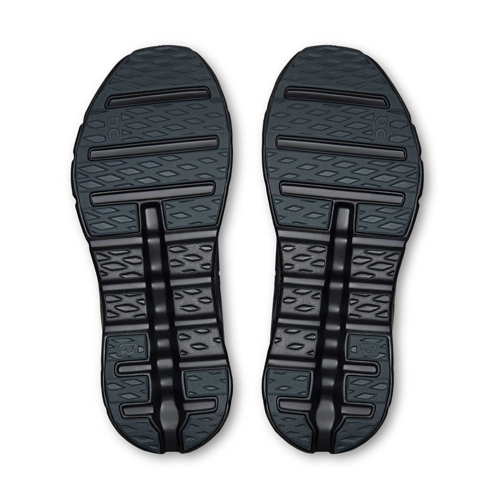 Bottom view of On Cloudtilt Platinum Midnight sneakers showing black outsoles with textured tread and deep central grooves.