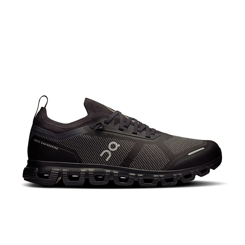 On Cloud 6 Versa 'Black Eclipse' side view with black and gray mesh upper, silver On logo and segmented sole.