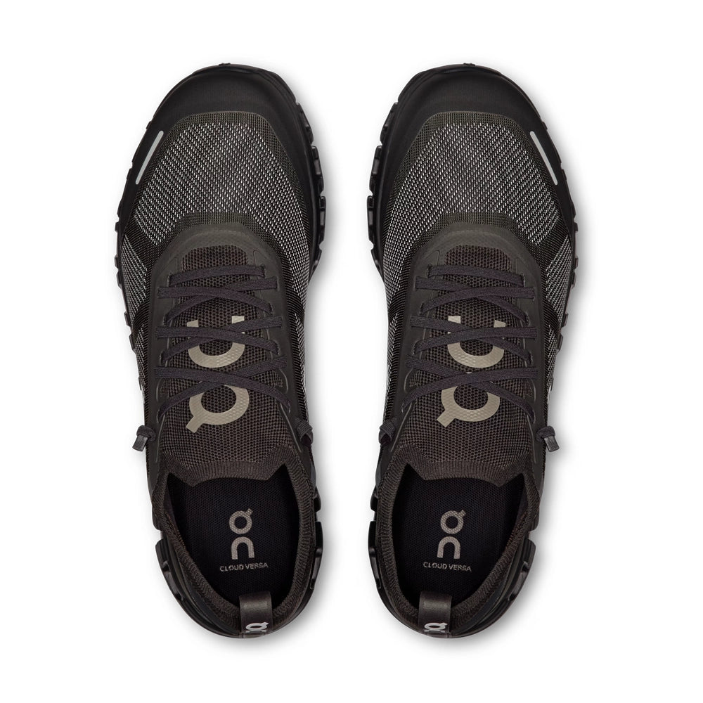 Top view of On Cloud 6 Versa 'Black Eclipse' sneakers, showing black laces, gray mesh and On tongue logos.