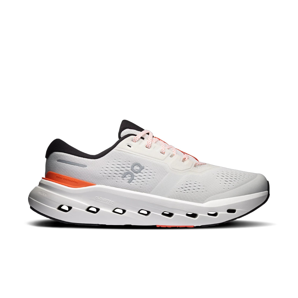 On Cloudrunner 3 Ivory Flame running shoe, outer side view with ivory mesh, orange heel detail and white sole.