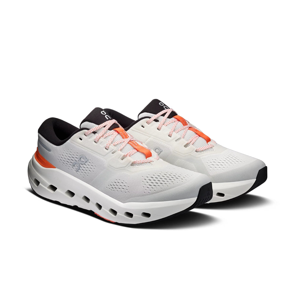 Pair of On Cloudrunner 3 Ivory Flame running shoes, angled front view with ivory mesh and orange accents.