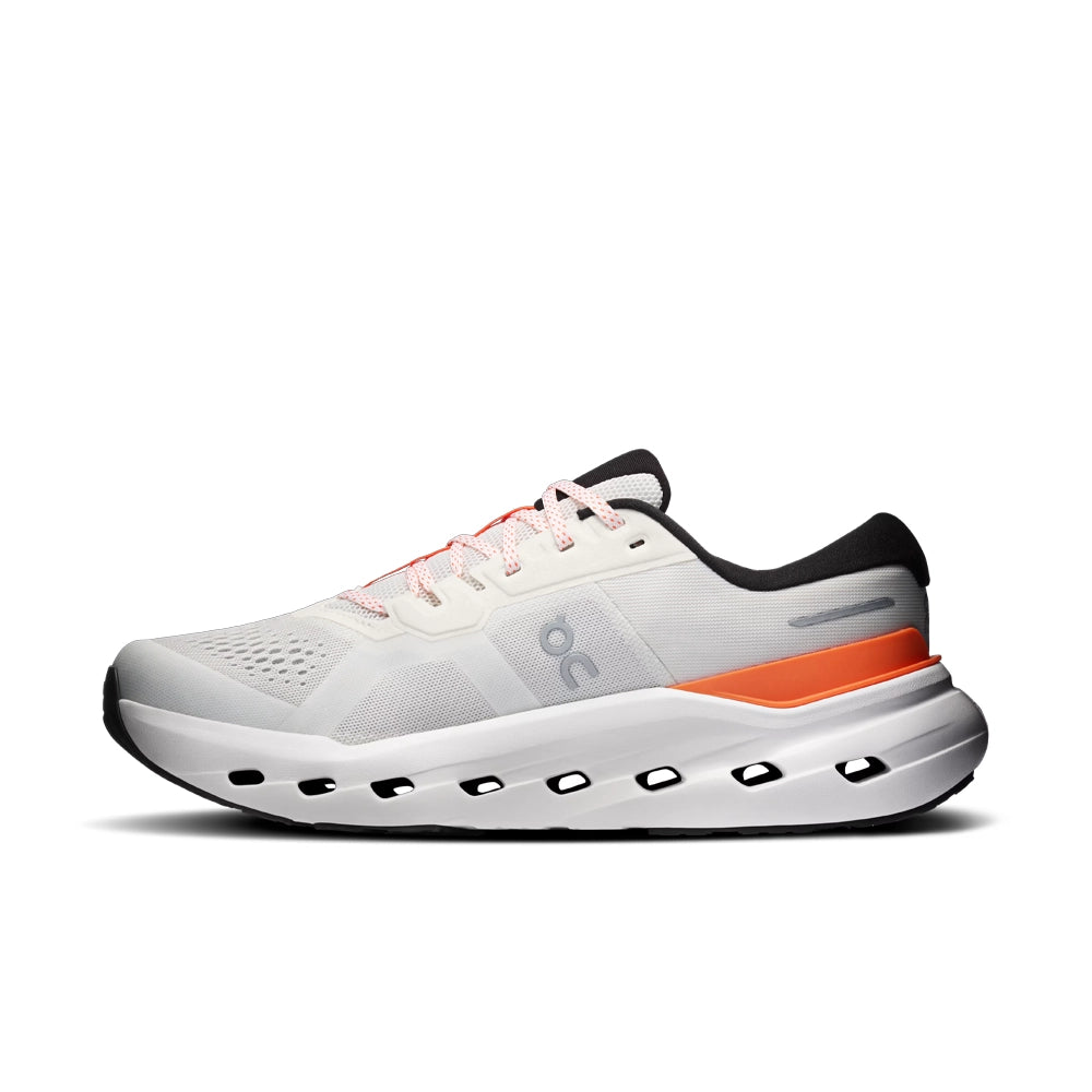 On Cloudrunner 3 Ivory Flame running shoe, inner side view with orange heel support and white cushioned sole.