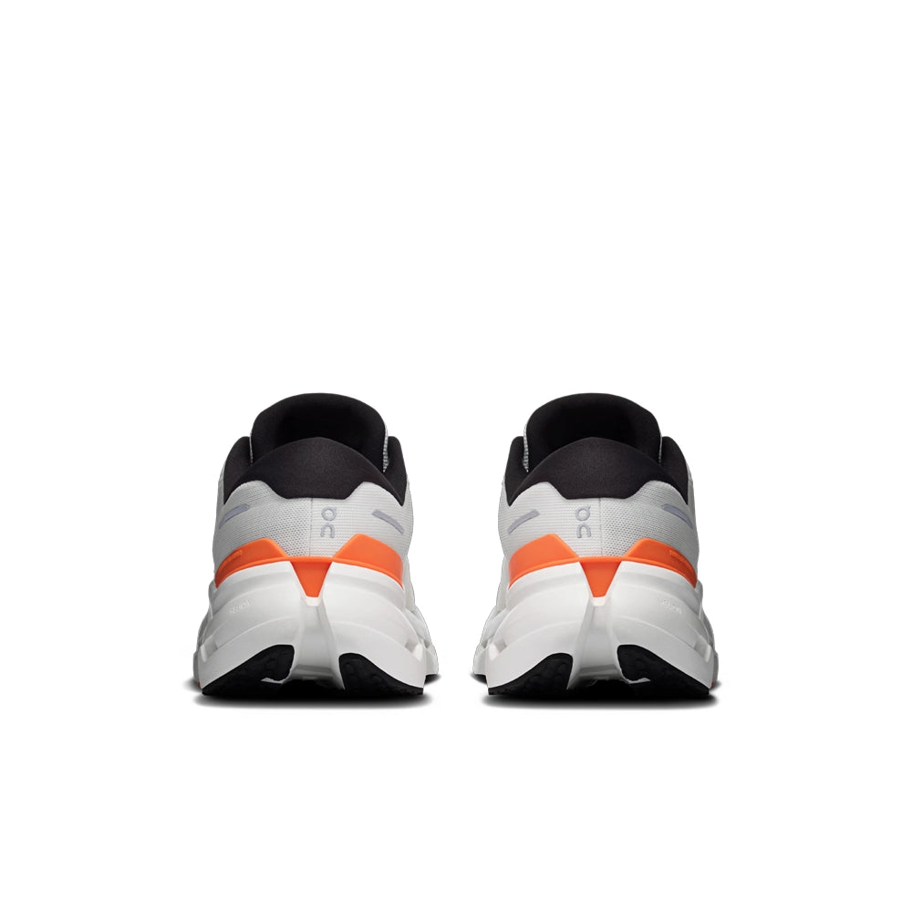 Rear view of On Cloudrunner 3 Ivory Flame running shoes with orange heel clips and black padded collars.