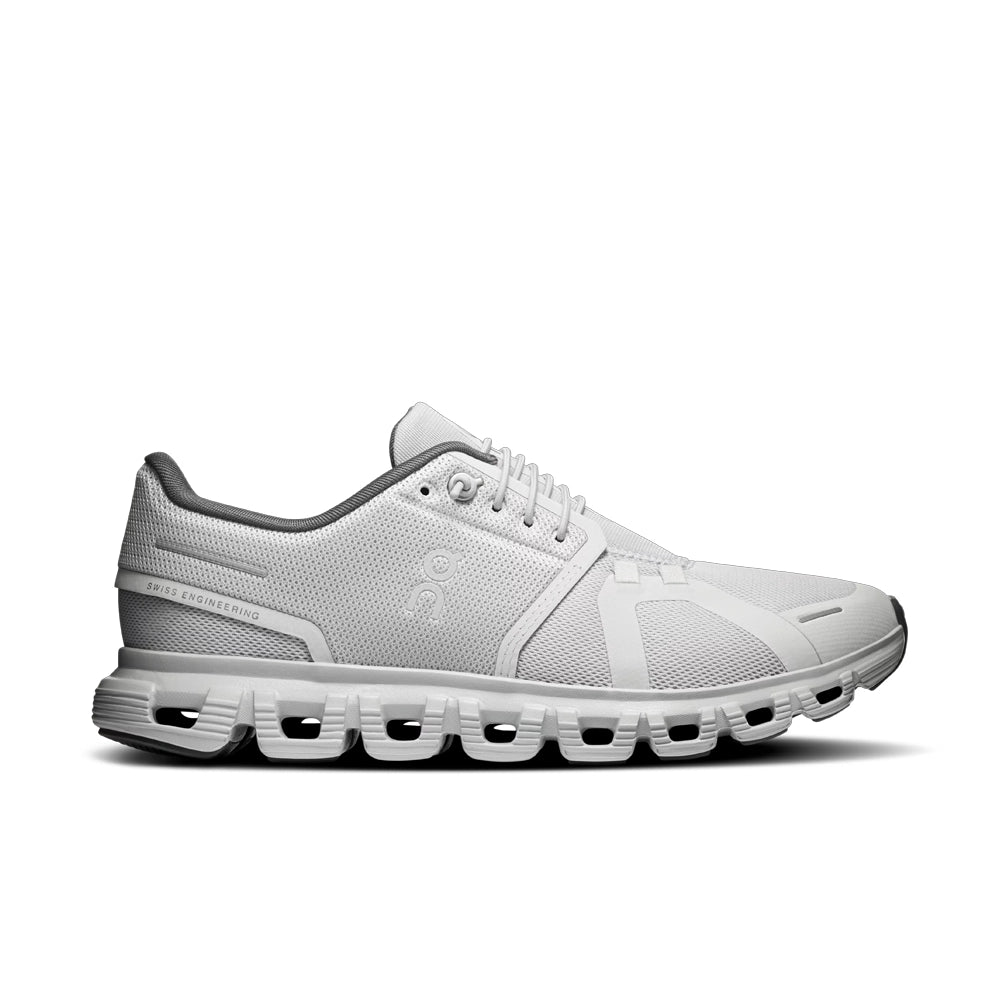 Women's On Cloud 6 Glacier Eclipse sneaker, side view showing light grey mesh and a white segmented sole.