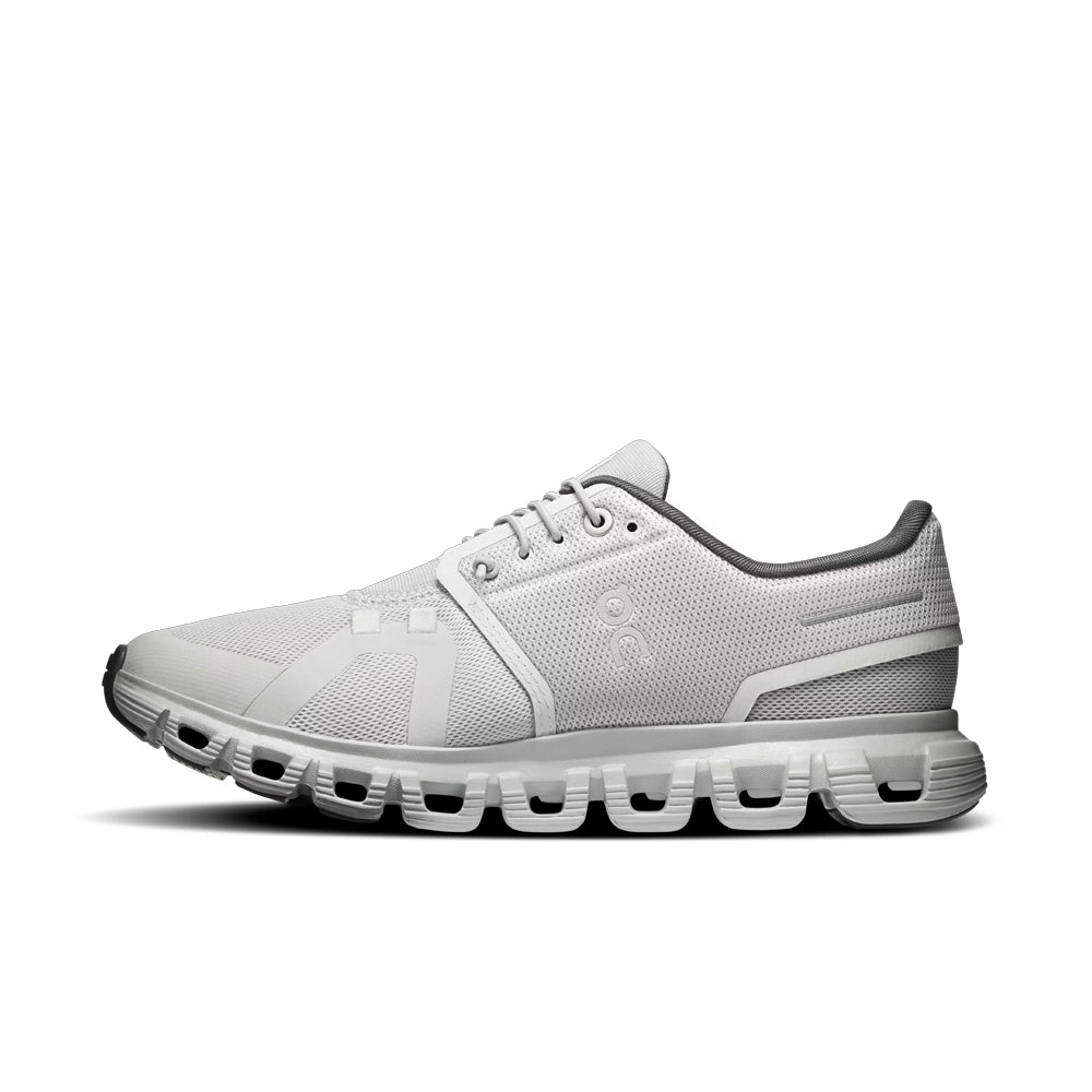 Women's On Cloud 6 Glacier Eclipse sneaker, opposite side view showing the On logo and grey heel panel.