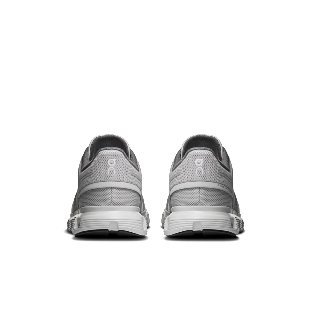 Rear view of women's On Cloud 6 Glacier Eclipse sneakers with grey mesh heels, On logos and white soles.