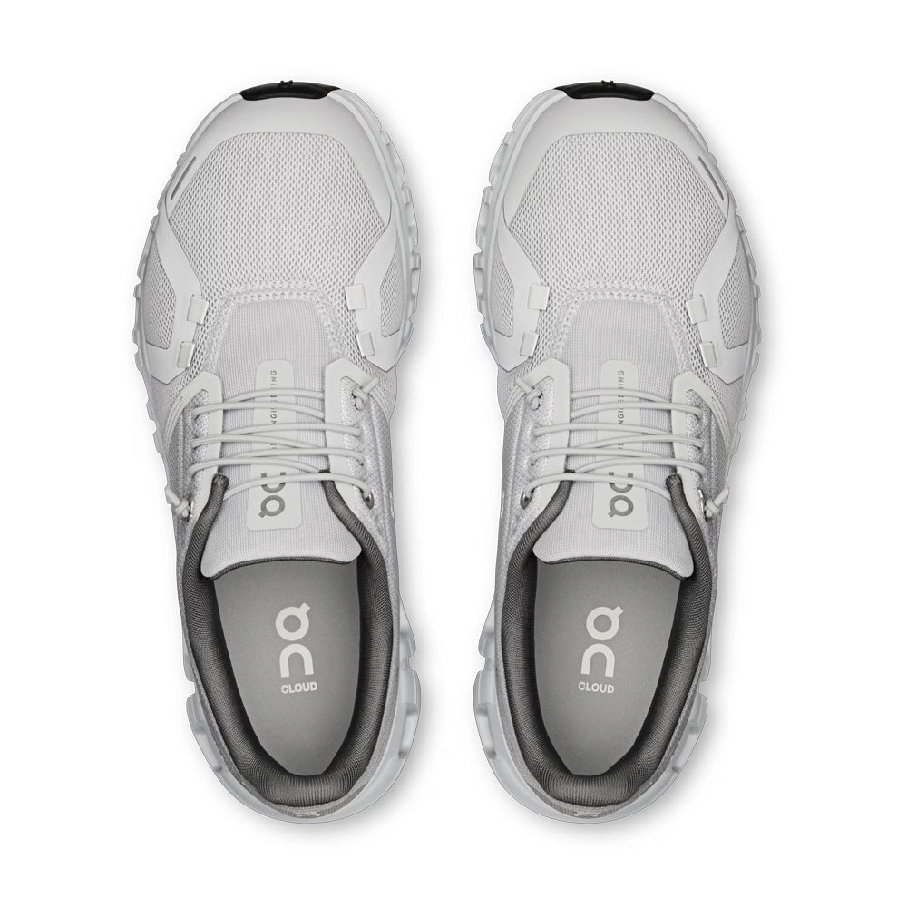 Top view of women's On Cloud 6 Glacier Eclipse sneakers showing light grey laces, mesh toe boxes and dark grey lining.