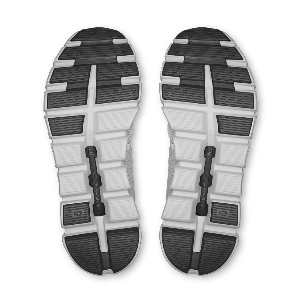 Bottom view of women's On Cloud 6 Glacier Eclipse sneakers showing segmented white soles with black rubber tread.