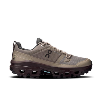 On women's Cloudrock Low Waterproof in grayish-brown with a dark brown sole, outer side view.