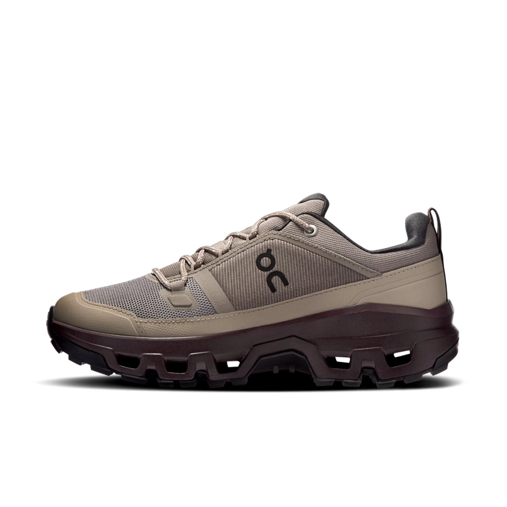 On women's Cloudrock Low Waterproof in grayish-brown with a dark brown sole, inner side view.