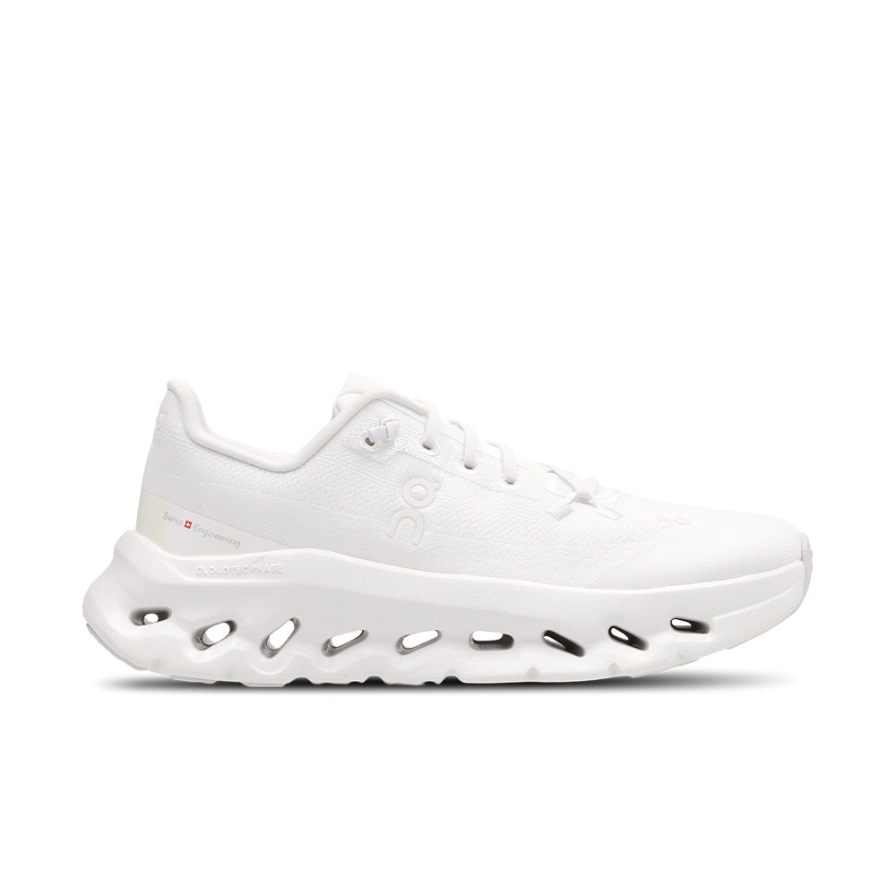 Women's On Cloudtilt White Frost sneaker, side profile with tonal On logo and CloudTec Phase midsole.