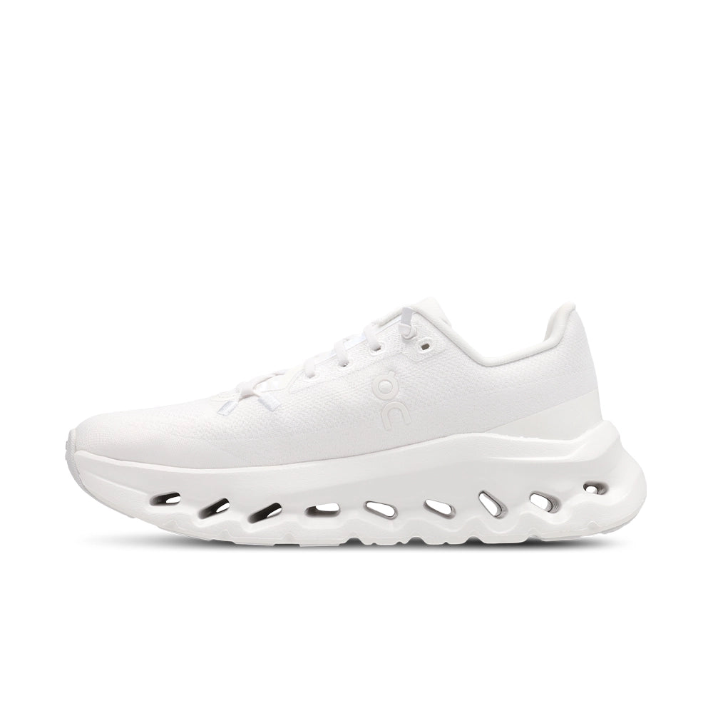 Women's On Cloudtilt White Frost sneaker, opposite side view showing the curved midsole and sole cutouts.